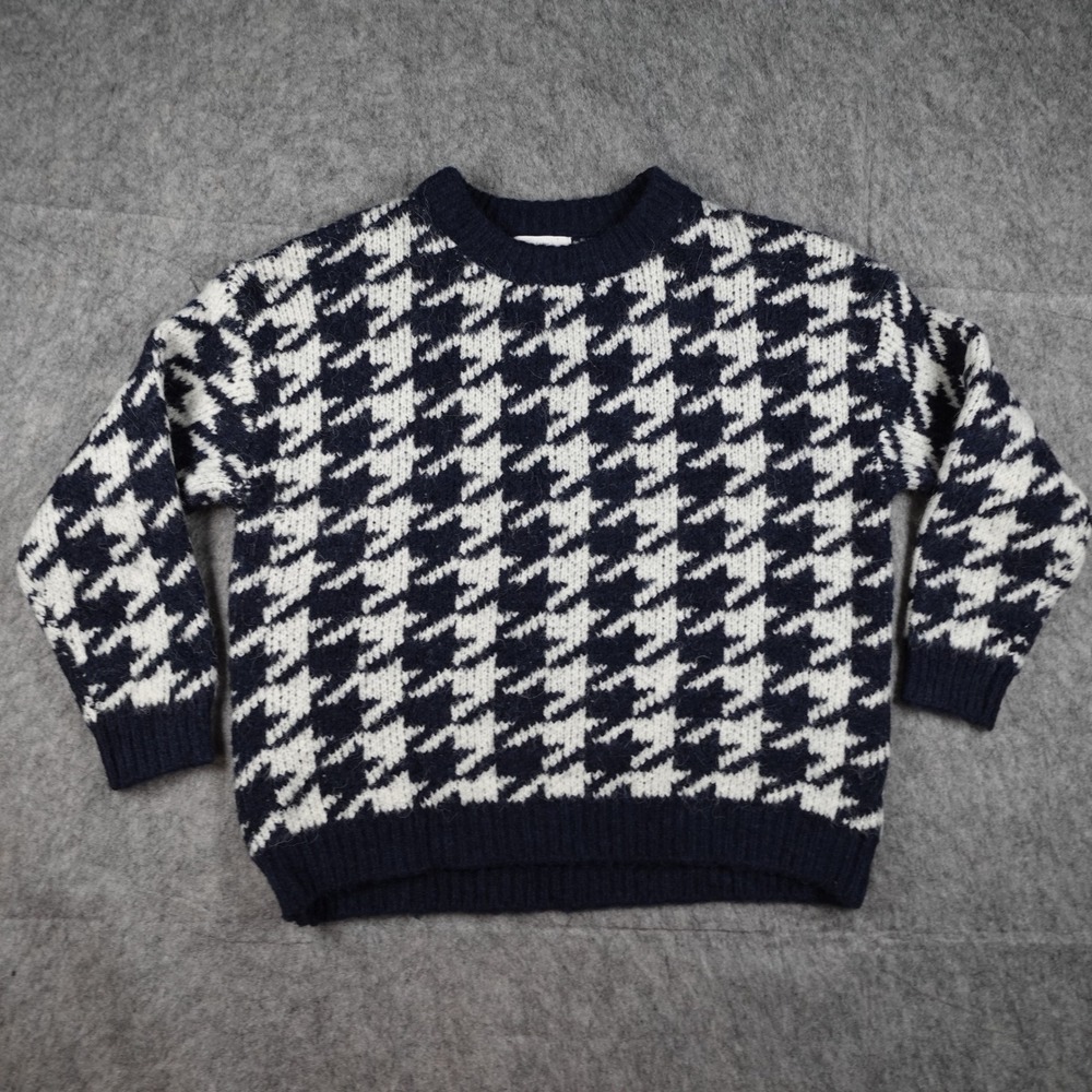 Oak‎ Fort Sweater Women Small Blue Houndstooth Wool Blend Crewneck Chunky Knit